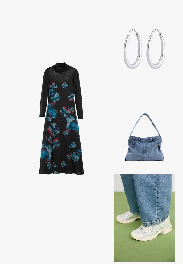 Sort kjole lavet af letvægtsstof med lange netærmer, prydet med et farverigt blomstermønster i blå, rød og grøn.; Hvide og sølvfarvede mesh sneakers med grønne accenter, båret med løse blå jeans, stående på et grønt tæppe.; Denim skuldertaske med en buet rem, to forlommer og en knaplukning, der har lyseblåt stof og kontrasterende syninger.; Sølvringe med en glat, poleret overflade. Har en unik oval form og en sikker lukningsdesign. Stemplet "925" for sterling sølv.