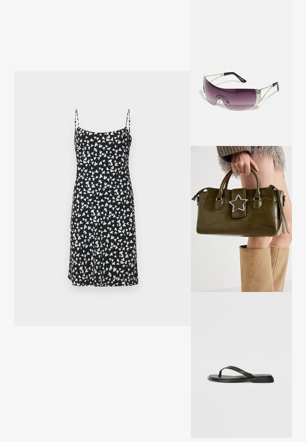 Černé šaty s bílými srdíčkovými vzory, nastavitelné ramínka, silueta ve tvaru A, vyrobené z lehké tkaniny s hladkou texturou.; Černé žabky vyrobené z hladké kůže, s tenkým designem popruhu a plochou podrážkou s minimálním profilem. Žádné výrazné vzory ani akcenty.; Sluneční brýle s velkým zakřiveným purpurovým sklem, stříbrnými kovovými akcenty a černými nohami s logem. Na obroučkách jsou viditelné texturované detaily.; Olivově zelená kabelka z imitace kůže se stříbrnou hvězdou, dvojitými rukojeťmi a zipovým uzávěrem. Texturovaný povrch a strukturovaný tvar.
