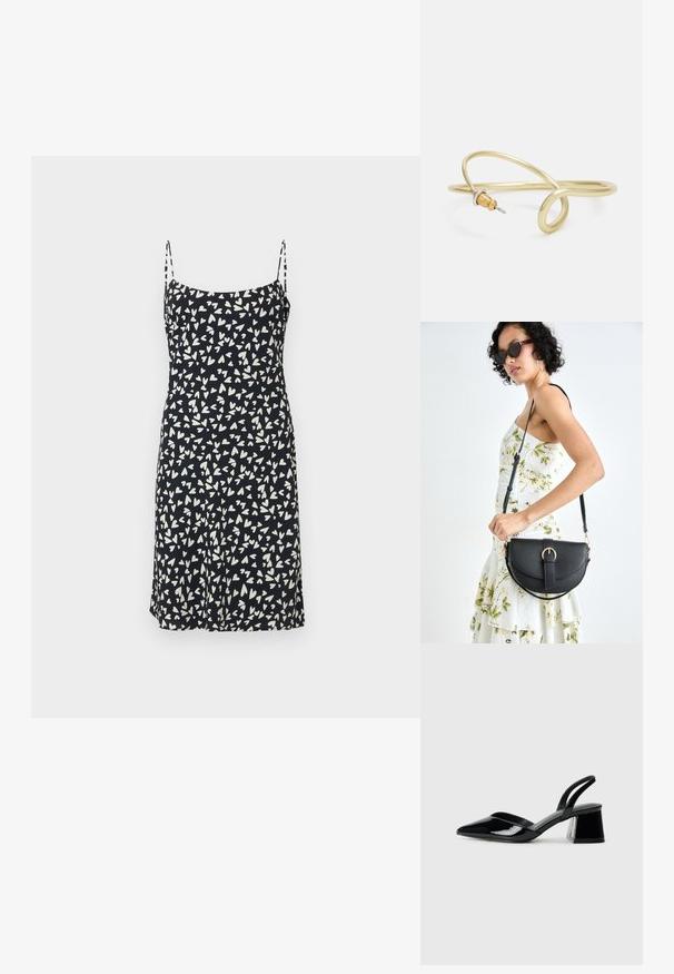 Črna obleka z belimi srčastimi vzorci, nastavljive naramnice, A-linijska silhueta, izdelana iz lahkega materiala z gladko teksturo.; Črne lakirane slingback pete s koničastim nosom in geometrijsko blokasto peto. Imajo eleganten, minimalističen dizajn in gladko teksturo.; Črna usnjena torbica s ukrivljeno obliko, z odstranljivo naramnico in zlatimi dodatki. Torbica ima pokrov s podrobnostmi v obliki zaponke.; Zlato obarvan kovinski zapestnica s tekočim, ukrivljenim dizajnom. Ima majhen, izstopajoč srebrn poudarek na enem koncu.