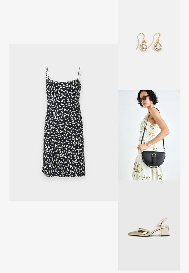 Črna obleka z belimi srčastimi vzorci, nastavljive naramnice, A-linijska silhueta, izdelana iz lahkega materiala z gladko teksturo.; Zlati, kovinski slingback čeveljci z ostrim nosom in masivnim peto. Gladka tekstura, minimalistična zasnova in ozka zanka.; Črna usnjena torbica s ukrivljeno obliko, z odstranljivo naramnico in zlatimi dodatki. Torbica ima pokrov s podrobnostmi v obliki zaponke.; Zlato obarvani uhani z ovalnimi prozornimi kristali, ki jih obdajajo manjši prozorni kamenčki, s sistemom za oblačenje za varno nošenje.