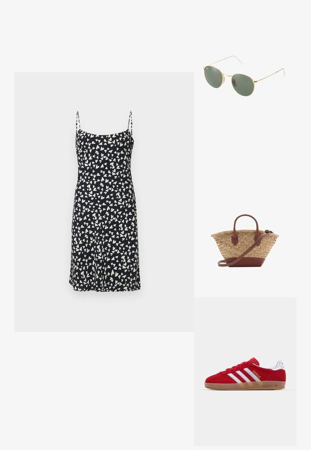 Rochie neagră cu modele albe în formă de inimă, bretele ajustabile, siluetă A-line, realizată dintr-un material ușor cu o textură netedă.; Sneaker roșu din suede cu un design alb cu trei dungi și text auriu "Gazelle". Dispune de o talpă din cauciuc și un toc texturat.; Ochelari de soare cu ramă metalică aurie, cu lentile verzi, de formă rotundă, cu temple subțiri și accente din plastic alb la vârfurile brațelor.; Geantă din paie împletită cu accente din piele maro, două mânere și curea detașabilă. Formă curbată cu o bază robustă.