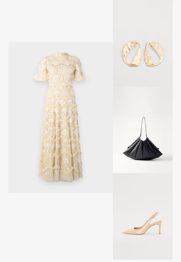 Tikkimustriga kleit heledas kollases värvitoonis, flöödid varrukatega. Omab lilleseente mustreid, rüseldatud kihte ja ümmargust kaelust. Selja peal on lukuga kinnitamine.; Nude patenti nahkkingad kõrged kontsad, terava ninaga, avatud vamp ja õhuke stilettokonts. Omab ringikujulist kuldset aktsenti rihmal.; Mustast pleeditud käekotist, mis on valmistatud siledast nahast, millel on üks sang, kuldsed aktsendid ja geomeetriliselt struktureeritud kuju.; Eba paar eba ebaorditud ovaalkujulisi kuldehhe kaal setertu, kerge keersuju  pinnaga valgel taustal.