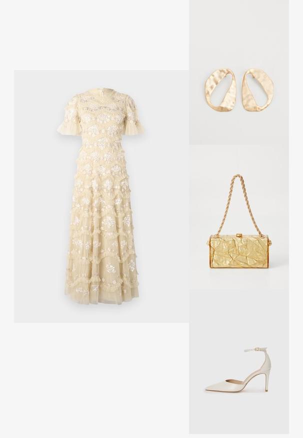 Embroidered dress in pale yellow with flared sleeves. Features floral patterns, ruffled layers, and a round neckline. Zipper closure at the back.; White leather high-heeled shoe with a pointed toe, ankle strap, and a slim stiletto heel. Smooth texture with subtle glossy finish.; Gold crumpled-texture handbag with a rectangular shape, featuring a chain strap and a clasp closure on top. Smooth, shiny finish.; Pair of irregular oval-shaped gold-toned metal earrings with a textured, slightly hammered surface on a white background.