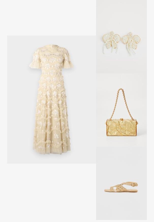 Besticktes Kleid in Hellgelb mit ausgestellt geschnittenen Ärmeln. Verfügt über florale Muster, rüschierte Lagen und einen runden Ausschnitt. Mit Reißverschlussverschluss am Rücken.; Stuart Weitzman THEA - Riemensandalette - golden; Goldene Handtasche mit zerknitterter Textur in rechteckiger Form, versehen mit einer Kette als Tragriemen und einem Verschluss oben. Glatte, glänzende Oberfläche.; Perlenblumenohrringe mit goldenen Akzenten. Jedes Blatt ist mit kleinen, runden Perlen in einem floralen Design angeordnet, ergänzt durch herabhängende Perlendetails.