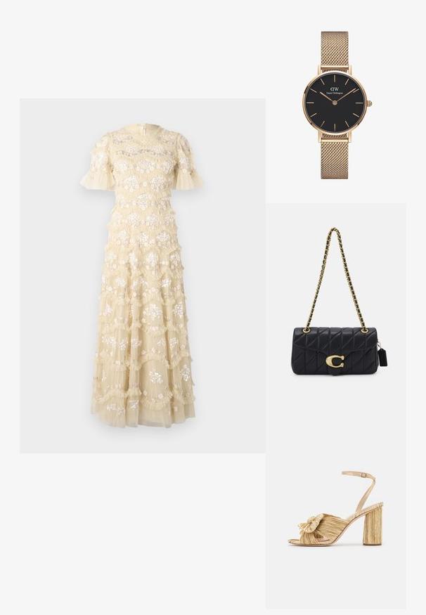Abito ricamato di un giallo pallido con maniche a campana. Presenta motivi floreali, strati arricciati e una scollatura rotonda. Chiusura con zip sul retro.; Sandali con tacco dorato, con un davanti annodato, texture plissettata e cinturino alla caviglia. Il tacco a blocco ha un design rigato che migliora la presa.; Borsa a tracolla nera trapuntata con una catena d'oro, dotata di un distintivo fermo d'oro e di un'etichetta piccola, che mostra una superficie in pelle testurizzata.; Orologio con cinturino in rete d'oro di Daniel Wellington, quadrante rotondo nero, indici delle ore dorati e logo alle 12. Design semplice ed elegante.