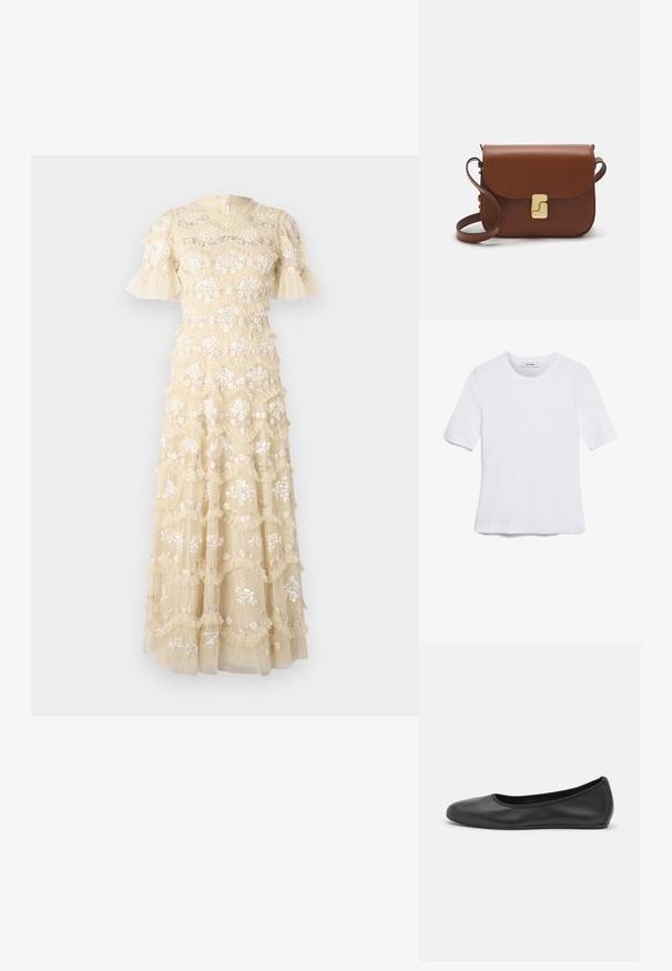 Rochie brodată de o culoare galben deschis, cu mâneci evazate. Prezintă motive florale, straturi cu volane și un decolteu rotund. Închidere cu fermoar la spate.; Tricou alb cu mânecă scurtă, confectionat dintr-un material texturat. Gât rotund, tăietură regulară și detalii subtile de cusătură. Fără modele sau grafice.; Balerini din piele neagră, cu vârf rotund, textură netedă, detalii de cusătură minimale și un design al tălpii flexibil.; Geantă de piele maro cu închidere tip capac, accesorii de culoare aurie, curea de umăr și o textură netedă. Formă compactă și rectangulară.