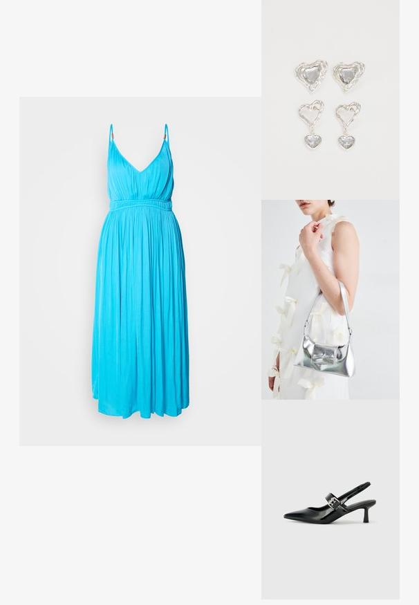 Rochie fără mâneci, cu decolteu în V adânc, dintr-un material turcoaz strălucitor. Are o talie elastică și o fustă fluidă cu o textură fină.; Sandale cu toc din piele patent neagră, cu vârful ascuțit și un toc mic bloc, având un accent cu cataramă argintie pe curea.; Geantă metalică argintie cu o formă structurată, având un mâner superior și un detaliu sub formă de fundă pe față. Textură netedă, finisaj reflexiv.; Cerceii în formă de inimă argintie sunt decorați cu pietre clare fațetate, având un cadru texturat. Setul include stiluri cu buton și cu pandantiv.