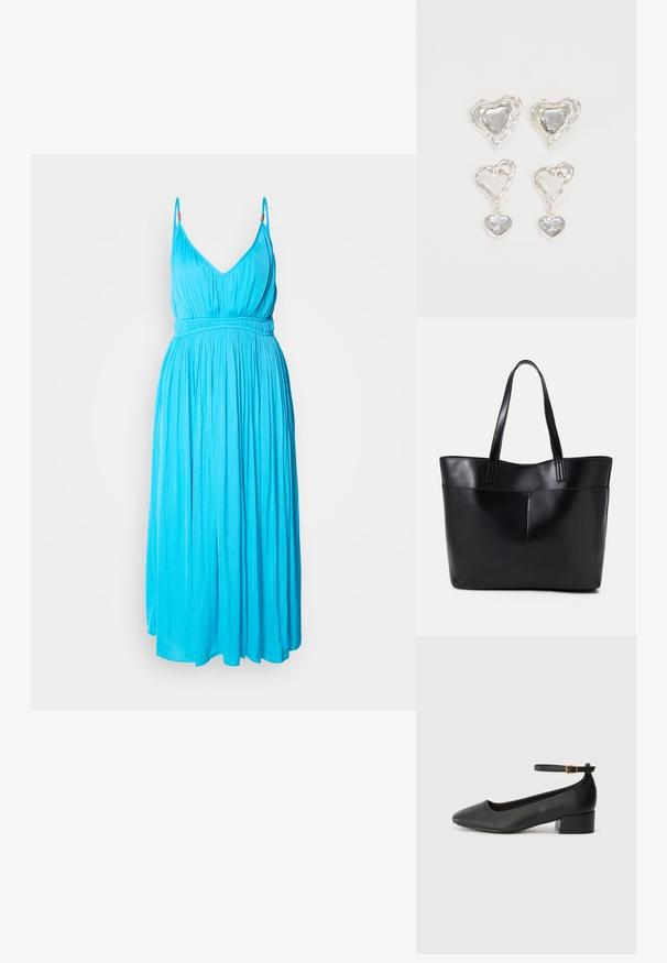 Haljina bez rukava s dubokim V-izrezom u svijetlo tirkiznoj tkanini. Ima elastičnu struk i lepršavu suknju s glatkom teksturom.; Crne kožne pumpe s oštrim vrhom i niskom blok petom. Sadrže remen oko gležnja s zlatnim kopčanjem. Glatka tekstura.; Crna kožna torba s dugim ručkama, glatkom teksturom i strukturiranim oblikom. Ima prednju džep za dodatno pohranu.; Srebrne naušnice u obliku srca imaju fasetirane prozirne kamenčiće, s teksturiranim okvirom. Set uključuje naušnice na dugme i viseće stilove.