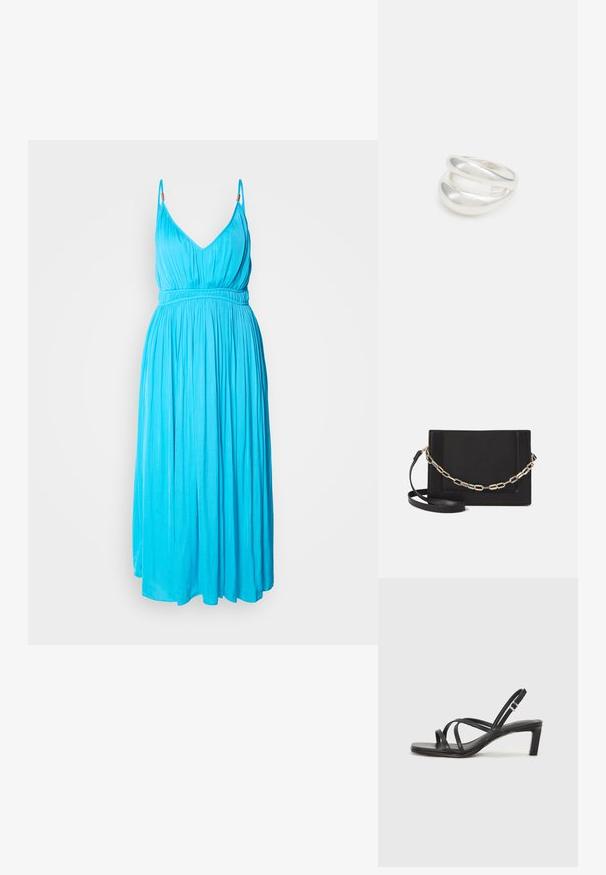 Käteta, sügava V-kaelusega kleit erksinises kangas. Omab elastset vööd ja voolavat seelikut sileda tekstuuriga.; Mustast rihmajalatsid ruudukujulise varba ja madala ploki kontsaga. Omab mitmeid õhukesi rihmasid ja reguleeritavat pahkluu rihma. Valmistatud siledast nahast.; Mustast nahast õlakott, mis omab siledat tekstuuri, ristküliku kuju ning esiküljel metallketi detaili. Reguleeritav rihm on kaasas.; Hõbedane kahekordne rõngas sujuva, poleeritud pinnaga. Omab voolavat, kõverat disaini, millel on kattuvad sektsioonid, et saavutada kaasaegne ilme.