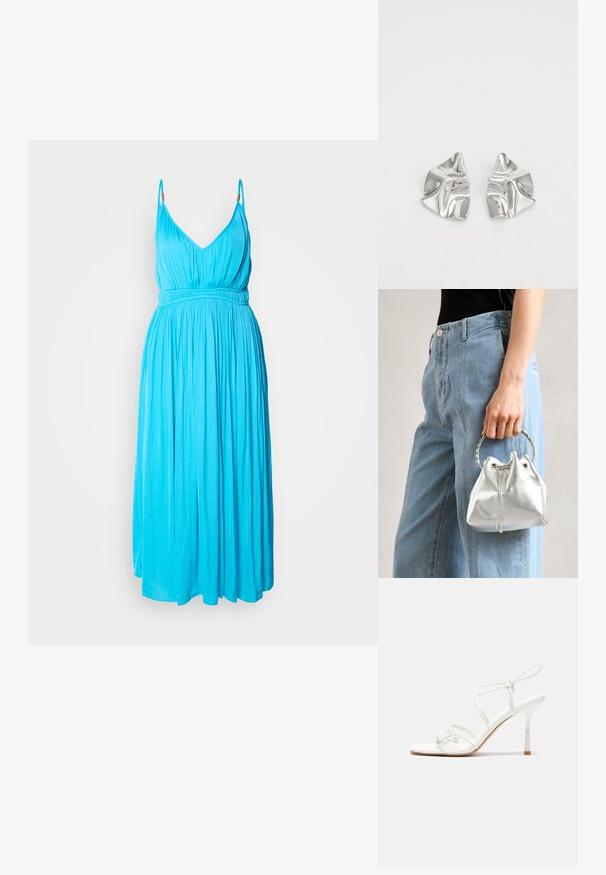 Bele dėvėta su giliu V formos iškirpimu, ryškiai turkio spalvos suknelė. Turi elastingą juosmenį ir laisvą sijoną su lygia tekstūra.; Baltas dirželis su aukštu kulnu sandalai su plokščiu pirštu, tekstūruota priekinė dalis su susiraukšlėjimais ir plonas kulkšnies dirželis.; Metalinis sidabrinis kibirėlis su tekstūruota apdaila, papuoštas sidabriniu apvaliu rankeniu ir raišteliu, laikomas prieš šviesiai mėlynus džinsus.; Sidabriniai metaliniai Auskarai su banginiu, skulptūriniu dizainu, pasižymintys poliruotu paviršiumi ir nereguliariomis formomis, išryškinančiomis šiuolaikišką estetiką.