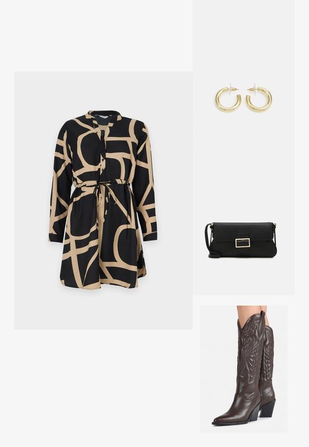Musta mekko pitkillä hihoilla ja nauhavyötäröllä. Sisältää kontrastivärisen beigeä abstraktia kuviota. Valmistettu sileästä kankaasta, jossa on nappisuljenta edessä.; Ruske nahkasaappaat, joissa on terävä kärki ja laatikkokorko, varustettu yksityiskohtaisella ompelulla ja kohotetuilla yksityiskohdilla varsiosassa.; Musta nahkainen kynäpenkkilaukku, jossa on läppä ja kultainen metallinen solkiyksityiskohta. Mukana musta hihna ja tyylikäs, minimalistinen muotoilu.; Kultaketjut kullasta, joissa on sileä, kiiltävä pinta. Pyöreä muotoilu, jossa on pieni tappi ja kirkas taustalevy turvalliseen käyttöön.