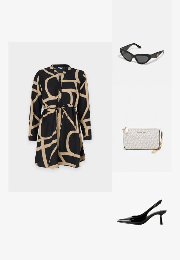 Črna obleka z dolgimi rokavi in pasom za zavezovanje. Ima kontrastni bež abstraktni vzorec. Narejena je iz gladkega materiala, vključuje gumbno zapenjanje spredaj.; Črne lakirane slingback čevlje s koničastim nosom, izrezanimi stranicami, nastavljivim gležnjarjem in tankim, elegantnim peto.; Sončne naočale v mačjem stilu z mat črnim plastičnim okvirjem, temnimi lečami in zlatim logotipom na tempeljih. Kotačast dizajn in gladka tekstura.; Michael Kors denarnica v bež lakiranem platnu z mišičnim vzorcem ponavljajočega se logotipa MK, z zlatim okovjem in snemljivo verižico.
