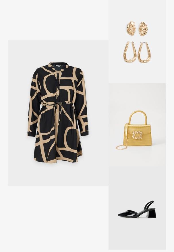 Svart kjole med lange ermer og belte i midjen. Har et kontrasterende beige abstrakt mønster. Laget av glatt stoff, inkluderer knappefront.; Svarte patentlær slingback hæler med spiss tå og geometrisk blokk hæl. Har et stilrent, minimalistisk design og jevn tekstur.; Gul faux-krokodille veske med en strukturert design, toppen håndtak, avtagbar kjede stropp, og dekorativ krystallbortsettelse på låsen.; Gullfargede øredobber med teksturerte, bølgete former. Inkluderer skulpturelle klipsstuds og åpen hoop-design med en hamret finish.