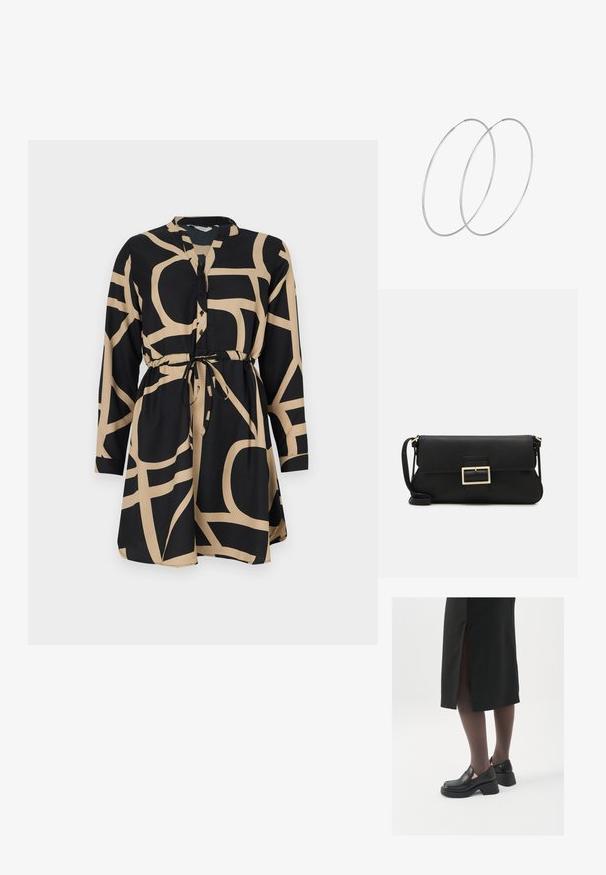 Juoda suknelė su ilgomis rankovėmis ir raiščiu juosmenyje. Yra kontrastingas kreminės spalvos abstraktus raštas. Pagaminta iš lygios medžiagos, su mygtukiniu užsegimu priekyje.; Juodos odinės bateliai su apvaliu nosiu, stora blokine pakulne ir elastingais šonais, derinami su tamsiomis pėdkelnėmis ir juoda sijonu su plyšiu.; Juodas odinis dėkliukas su atvarteliu ir auksinės metalinės sagties detalėmis. Įeina juodas diržas ir elegantiškas, minimalistinis dizainas.; Sidabrinės pusmėnulio auskarai minimalistiniu dizainu. Apskritimo forma, lygus paviršius ir plonas profilis. Lengvi su poliruotu apdailu.