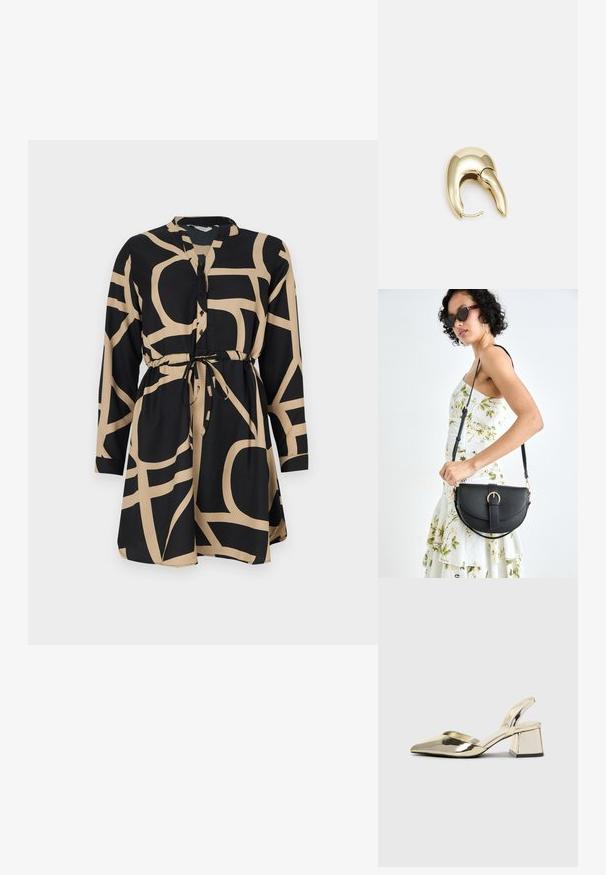 Čierne šaty s dlhými rukávmi a opaskom v páse. Obsahujú kontrastný béžový abstraktný vzor. Vyrobené z hladkej látky, majú predné zapínanie na gombíky.; Zlaté kovové lodičky na podpätku so špicatou špičkou a robustným podpätkom. Hladký povrch, minimalistický dizajn a úzka remienok.; Čierna kožená kabelka s zaobleným tvarom, odnímateľným popruhom a zlatými doplnkami. Kabelka má klopu s detailom s prackou.; Náušnice z kovu v zlatej farbe s elegantným, zakriveným dizajnom. Majú charakteristický špicatý tvar, leštený povrch a uzáver na pánt.