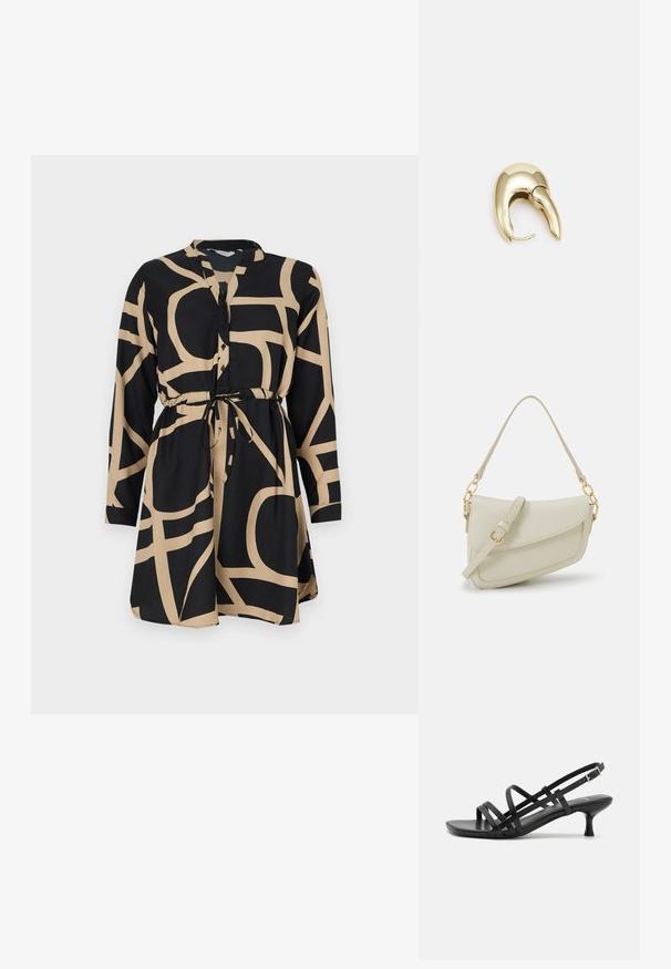 Čierne šaty s dlhými rukávmi a opaskom v páse. Obsahujú kontrastný béžový abstraktný vzor. Vyrobené z hladkej látky, majú predné zapínanie na gombíky.; Čierne sandále na podpätku s viacerými prekríženými remienkami. Hladký materiál, špicatá špička a úzky podpätok. Nastaviteľný remienok okolo členka s prackou.; Malá krémová kabelka s textúrovaným povrchom, dlhým nastaviteľným popruhom, reťazovým detailom a klopovým uzáverom. Zlaté kovové prvky.; Náušnice z kovu v zlatej farbe s elegantným, zakriveným dizajnom. Majú charakteristický špicatý tvar, leštený povrch a uzáver na pánt.