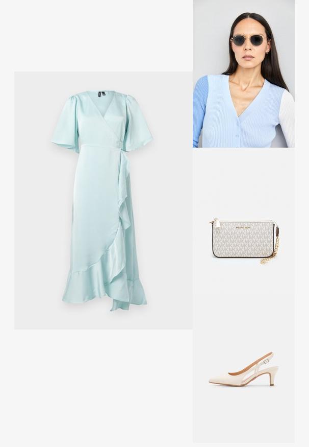 Lyseblå omslagskjole laget av glatt materiale, med korte flak-sleeves, en volangkant og et belte i midjen for justerbar passform.; Hvit slingback-hel med spiss tå, glatt overmateriale, lav blokkhelt, og cut-out-design på siden med justerbar spenne.; Runde solbriller med mørke linser og guldrammer. Modellen har en lyseblå, ribbet cardigan med knapper og kontrast hvide ærmer på.; Michael Kors håndleddsveske i beige belagt kanvas med et gjentakende MK-logo mønster, gullfarget maskinvare og en avtakbar kjede-rem.