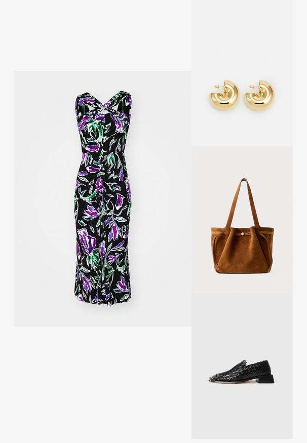 Diane von Furstenberg NEELY DRESS - Džersio suknelė - violet; Juoda odinė pinta neslystančio pado batų pora su žemu blokiniu kulnu ir banguotu kraštu, pristatyta ant balto fono.; Rudas suedes rankinė su dviem rankenomis, mygtuko uždarymo dirželiu ir atsipalaidavusia, šiek tiek nulinkusia forma.; Aukso tono metalinės auskarų kilpos su blizgiais, kreivais dizainais. Pristatomi pusmėnulio forma su lygiomis paviršiais ir uždarymu ant smeigtuko.