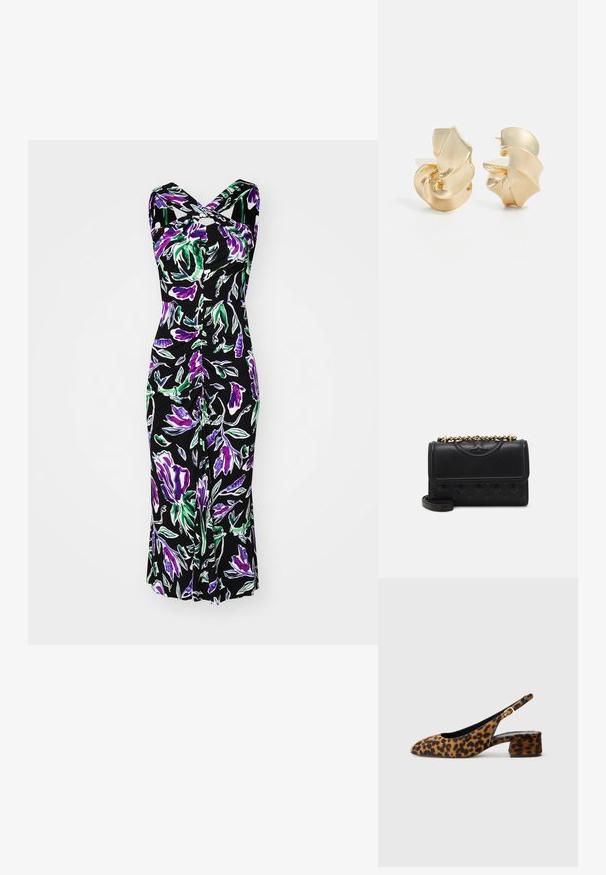 Diane von Furstenberg NEELY DRESS - Dzsörzéruha - violet; Női leopárdmintás, csak hátsó pánttal rendelkező cipő, alacsony tömbsarkúval és arany csattal az oldalpánton, oldalsó profilban látható, sima háttéren.; Fekete bőr kézitáska steppelt mintával. Arany láncos pánttal és fedélzárral rendelkezik, melyen elöl megjelenik egy dombornyomott logó.; Textúrált arany színű fém fülbevalók szobrászati, spirális formával. Simább felületekkel és fényt visszaverő vonalakkal rendelkezik.