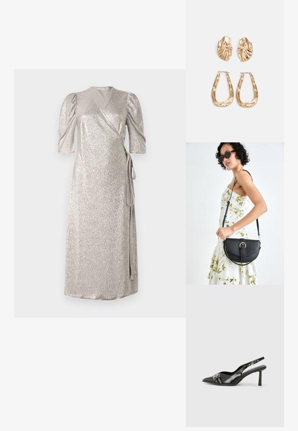 Sølv innpakningskjole med korte pufferm, teksturert stoff og sidelukking med knytning. Glatt materiale med en subtil glans.; Sorte patentlær slingback-sko med spiss tå, ankelremmer med sølvspenner og detaljer, og en slank hæl.; Svart lærveske med en buet form, avtagbar stropp og gullbeslag. Vesken har et klaff med spenne-detall.; Gullfargede øredobber med teksturerte, bølgete former. Inkluderer skulpturelle klipsstuds og åpen hoop-design med en hamret finish.