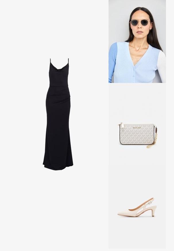 Μαύρο, αμάνικο maxi φόρεμα με λαιμόκοψη cowl, ραφές στην μέση και ομαλό, ελαστικό ύφασμα για εφαρμοστή σιλουέτα.; Λευκή γόβα slingback με μυτερή μύτη, λείο υλικό επάνω, χαμηλό τετράγωνο τακούνι και σχέδιο με κοπή στο πλάι με ρυθμιζόμενο λουρί κουμπώματος.; Στρογγυλά γυαλιά ηλίου με σκούρους φακούς και χρυσά σκελετό. Το μοντέλο φοράει ένα ανοιχτό μπλε, ριχτό cardigan με κουμπιά και αντίθετους λευκούς μανίκες.; Πορτοφόλι Michael Kors σε μπεζ επεξεργασμένο καμβά με επαναλαμβανόμενο μοτίβο λογοτύπου MK, χρυσές λεπτομέρειες και αποσπώμενη αλυσίδα.