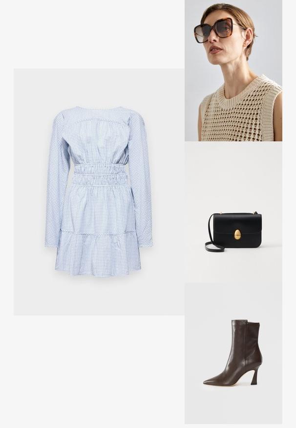Rochie albastră în carouri, cu mâneci lungi, talie elastică și tiv cu volane figurat în trepte. Fabricată dintr-un material ușor din bumbac.; Botă din piele maro închis, până la jumătatea gambei, cu vârf ascuțit, toc subțire curbat și finisaj neted pe un fundal alb.; CHLOÉ Ochelari de soare - brown; Geantă de mână din piele neagră, cu o formă rectangulară structurată. Are un capac oval auriu și o curea subțire pentru umăr. Textură netedă.