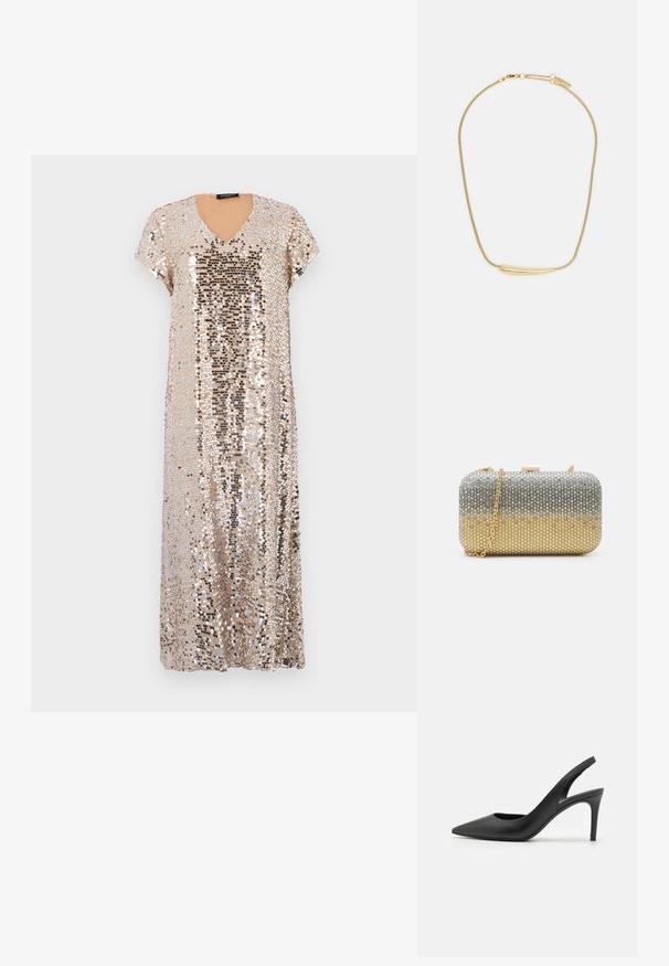 Zlaté flitrové šaty s výstřihem do V a krátkými rukávy. Mají volný střih a jsou pokryty třpytivými flitry různých velikostí.; Černé kožené lodičky na podpatku s otevřenou patou a špičatou špičkou, s výřezem na přední straně a tenkým jehlovým podpatkem.; Mascara Psaníčko - gold-coloured/silver-coloured; Zlatem pokovený náhrdelník s hladkým, zakřiveným centrálním akcentem. Disponuje flexibilním řetízkem s karabinovým zapínáním a dodatečnými nastavitelnými články řetězu.