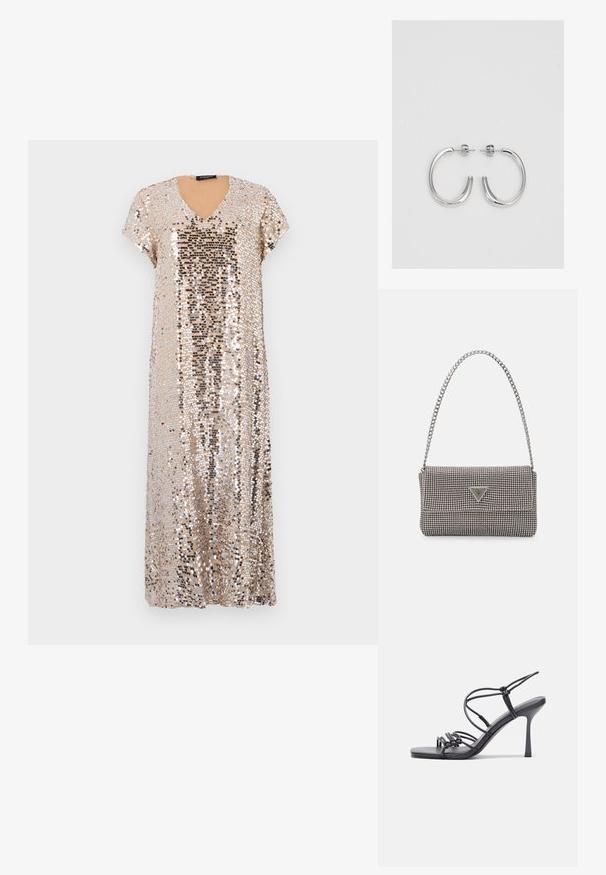 Auksinė siuvinėta suknelė V formos iškirpte ir trumpomis rankovėmis. Suknelė turi laisvą siluetą ir yra padengta blizgančiais siūlais įvairių dydžių.; Juodos aukštakulnės sandalai pasižymi plonyčiais dirželiais su mazgo dizainu, lygiu kvadratiniu pirštu ir elegantišku stiletto kulnu.; Šviesiai pilka metalinė rankinė su grandinėlės dirželiu, papuošta mažais apvaliais metaliniais smeigėmis ir trikampiu prekės ženklu.; Sidabrinės auskarai žiedai su lygiu, blizgiu paviršiumi. Suapvalinta forma, lengvas dizainas, su uždarymu ant smeigtuko.