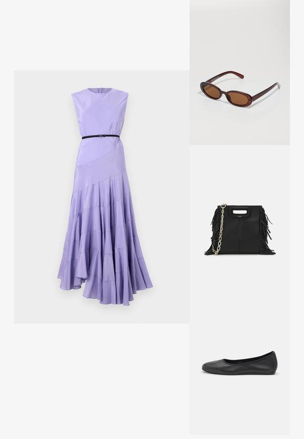 Laventelin värinen maksimekko, jossa on tiukka yläosa, hihattomat hihat ja musta vyö. Kerroksellinen röyhelömuotoilu helmassa lisää liikettä ja rakennetta.; Musta nahkainen ballerina, jossa on pyöristetty kärki, sileä pinta, minimaalinen ommelkoristelu ja joustava pohjamuotoilu.; Pyöreät, ruskehtavat aurinkolasit, joissa on kiiltävä burgundinpunainen runko. Kapeat sivut, joissa on hienovarainen brändäys. Litteät linssit.; Musta nahkakäekott, millel on frantsiisidetailid, kuldne õlgade rihm ja lõikega käepide. Ees on logo paigutus.