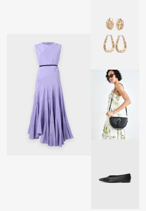 Lavendel maxi-klänning med en figursydd överdel, korta ärmar och svart bälte. Flera volanger i nederkanten ger rörelse och textur.; Svart läderballetflat, spetsig tå, minimalistisk design, slät textur, låg klack, ingen synlig hårdvara eller utsmyckningar.; Svart läderhandväska med en böjd form, avtagbar rem och guldiga detaljer. Väskan har ett lock med en spänndetalj.; Örhängen i guldton med texturerade, vågiga former. Inkluderar skulpturala clip-on-stift och öppen hoop-design med hamrad finish.