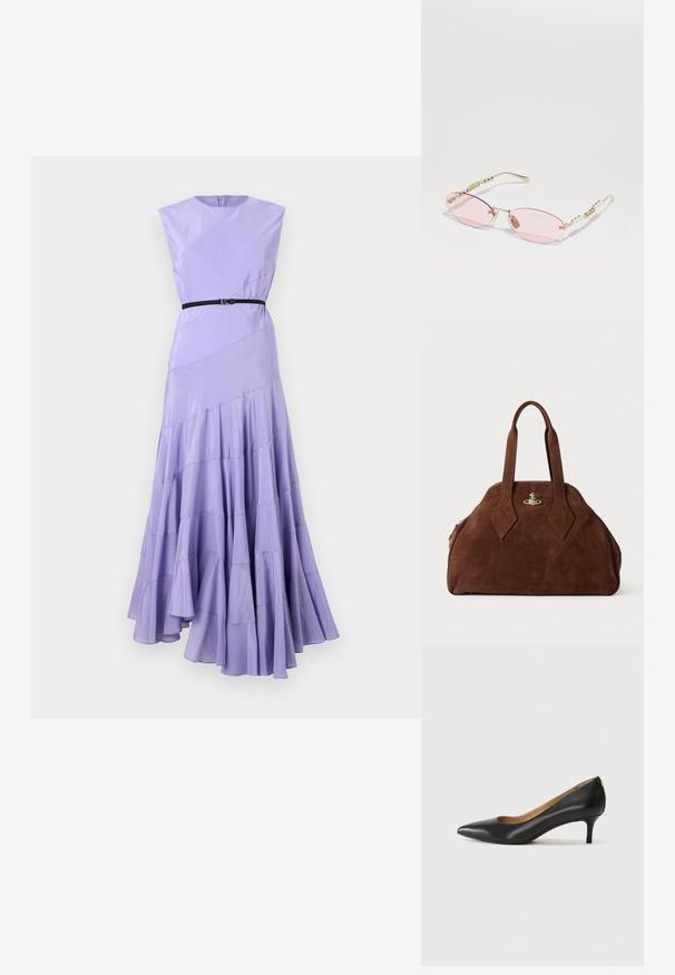 Rochie maxi lavandă cu corset ajustat, mâneci scurte și curea neagră. Design în volane stratificate la tiv adaugă mișcare și textură.; Pantofii din piele neagră au vârful ascuțit, toc mic și o textură netedă. Au o deschidere ușoară în față și un hardware minim în spate.; Gucci Ochelari de soare - gold-coloured/pink; Geantă din suede maro, cu o formă structurată, un corp rotund și mânere lungi în formă de diamant. Dispune de o închidere din metal argintiu.