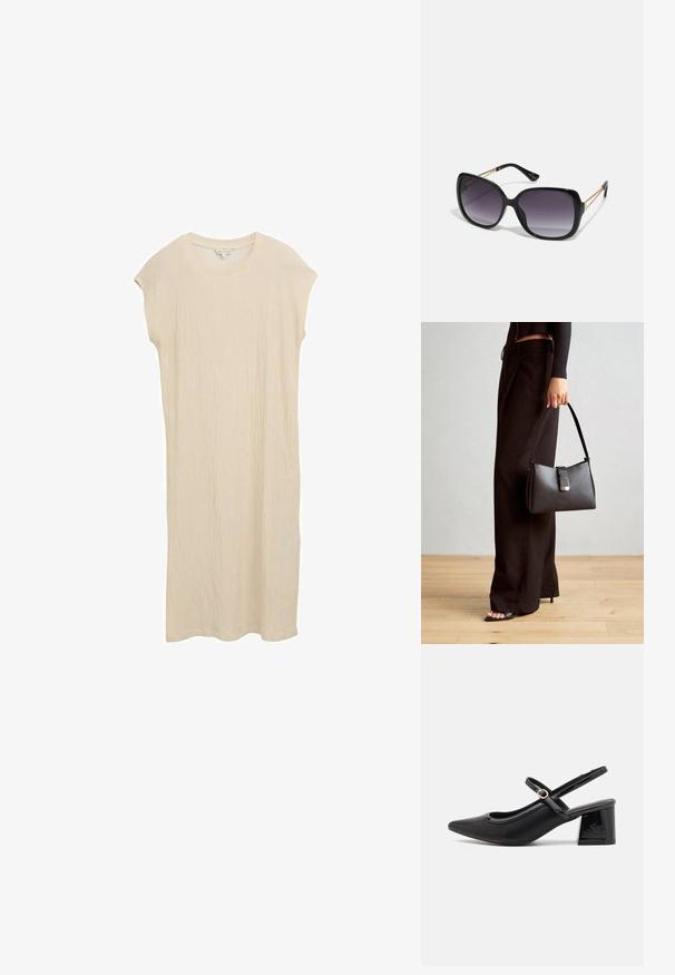 Beiges knielanges Kleid aus strukturiertem Stoff. Verfügt über angeschnittene Ärmel und einen runden Ausschnitt. Einfaches Design ohne sichtbare Muster oder Akzente.; Schwarze Lackleder-Slingback-Absätze mit spitzer Zehenform, einem runden Ausschnitt-Design und einem Blockabsatz. Mit einem goldfarbenen Schnallenakzent.; Schwarze übergroße Sonnenbrille mit getönten Gläsern, dicken Rahmen und goldfarbener Kettendetaillierung an den Bügeln.; Schwarze Handtasche mit strukturierter Form, glatter Textur und einem metallischen Verschluss. Kombiniert mit weiten schwarzen Hosen und offenen Sandalen auf einem Holzboden.