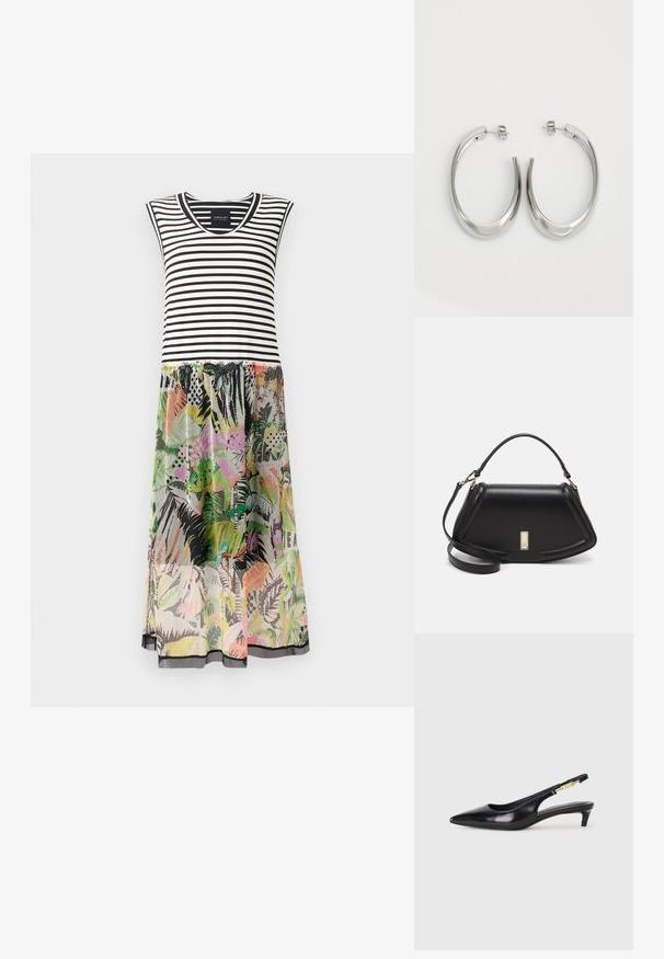 Striped sleeveless dress with a black and white top and a colorful, patterned floral skirt featuring greens, pinks, and black accents.; Black leather slingback heels with a pointed toe, featuring a slim heel and a gold-tone accent on the adjustable strap. Smooth texture.; Black leather handbag with a structured design, featuring a cropped shape, top handle, and gold hardware accent. Adjustable shoulder strap included.; Silver hoop earrings with a smooth, curved design. Features a shiny metallic finish and stud closure. No visible patterns or accents.