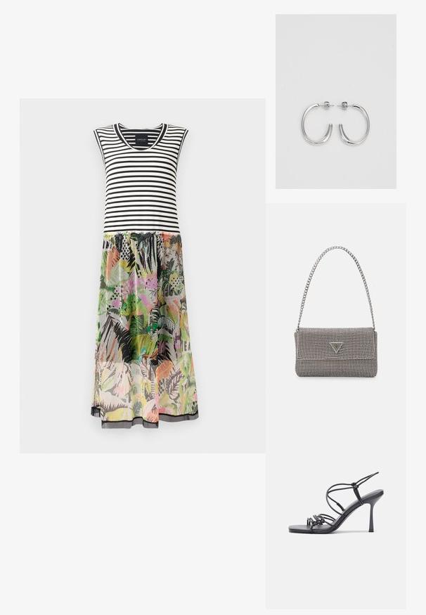 Ribadeega ilmanvarruskleit musta ja valge ülaga, millel on värvikas, mustriline lilleline seelik, kus on rohelisi, roosasid ja musti detaile.; Mustad musta värvi kontsandaalid on varustatud peente rihmadega, millel on sõlmekujundus, siledad ruudukujulised varbad ja stiilne stilettokonts.; Helehall metallik handbags, millel on kett, kaunistatud väikeste ümmarguste metallist õmblustega ja kolmnurkse brändi logoga.; Hõbedased rõngaskõrvarõngad, millel on sile ja läikiv pind. Ümar kuju, kerge disain, millel on post-tagumise kinnituse süsteem.