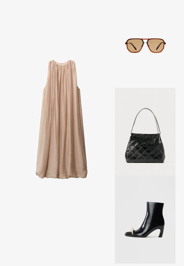 Svijetlo ružičasta haljina bez rukava napravljena od naboranog materijala, labavog kroja, s naboranim dekolteom i lepršavim siluetom koja seže do pola potkoljenice.; Crne gležnjače od sjajne kože, s šiljatim vrhom i dekorativnim zlatnim i srebrnim elementom sprijeda. Dizajn s blok petom.; Smeđe osmerokutne naočale za sunce s prozirnim jantarno smešanim okvirom i smešanim lećama. Sadrže metalni detalj na nosu i vitke tempere.; Crna prešivana kožna torba s ručkom od srebrnog lanca, sa strukturiranim dizajnom i glatkom teksturom.