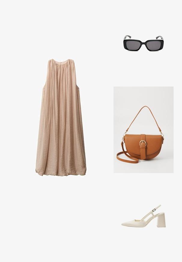 Helles rosa, ärmelloses Kleid aus gekrepptem Stoff, mit lockerer Passform, gerafftem Ausschnitt und fließender Silhouette, die bis zur Mitte der Wade reicht.; Beige Slingback-Schuhe mit spitzer Zehenpartie, glanzvollem Lackfinish, mittelhohem Blockabsatz und verstellbarem Riemen. Minimalistisches Design mit offenen Seiten.; Schwarze rechteckige Sonnenbrille mit dunklen Gläsern, glattem Kunststoffrahmen und gebogenen Bügeln. Das Design ist klobig mit einer minimalistischen Ästhetik.; Braune Leder-Crossbody-Tasche mit geschwungener Form, goldfarbenen Beschlägen und einer Schnallenakzentuierung. Verfügt über einen abnehmbaren Schultergurt.