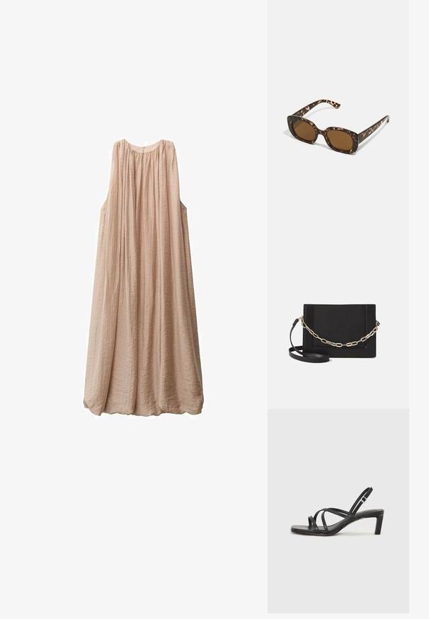 Svijetlo ružičasta haljina bez rukava napravljena od naboranog materijala, labavog kroja, s naboranim dekolteom i lepršavim siluetom koja seže do pola potkoljenice.; Crne sandale s trakama, kvadratnim prstom i niskom blok petom. Ima više tankih trakica i podesivu trakicu oko gležnja. Izrađene su od glatke kože.; Tortoiseshell naočale s okvirima u obliku kruga i debelom konstrukcijom, te smešnim lećama. Imaju suptilne uzorke i ravne, sužene nogice.; Crna kožna torba preko tijela s glatkom teksturom, pravokutnim oblikom i metalnim lancem na prednjoj strani. Uključena je podesiva naramenica.