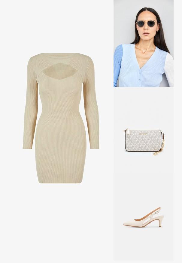 Megzta suknelė šviesiai béžinės spalvos, su ilgomis rankovėmis, su reljefine tekstūra ir unikaliu išpjovimu po iškirpte. Formą pabrėžianti siluetas.; Balti slingback kulniukai su smailiu pirštu, lygia viršutine medžiaga, žemu blokuotu kulnu ir šoniniu išpjovimu su reguliuojamu sagtimi.; Apskriti saulės akiniai su tamsiais objektyvais ir auksiniais rėmeliais. Modelis vilki šviesiai mėlyną, raukinį kardiganą su mygtukais ir kontrastingomis baltomis rankovėmis.; Michael Kors rankinė smėlio spalvos dengto kanvoje su pakartotiniu MK logotipo raštu, auksinėmis detalėmis ir nuimamu grandininiu dirželiu.