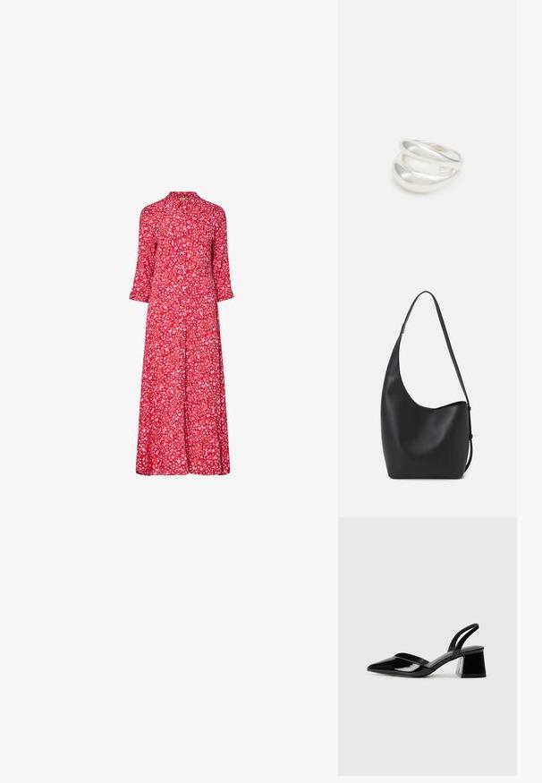 Sarkana ziedu midi kleita ar pogām uz priekša, trīs ceturtdaļu piedurknēm un brīvu piegriezumu. Iespējas ar mazām, daudzkrāsainām ziedu apdrukām.; Melna lakota āda ar atvērto papēdi, ar smailu purngalu un ģeometrisku blokpapēdi. Iezīmējas elegants, minimāls dizains un gluda tekstūra.; Melnas ādas hobo soma ar gludu tekstūru, izliekta forma un vienu regulējamu jostu; augšā ir plaša atvere.; Sudraba divu joslu gredzens ar gludu, pulētu virsmu. Iezīmējas ar plūstošu, izliekta dizaina struktūru ar pārklājošām sekcijām modernam izskatam.