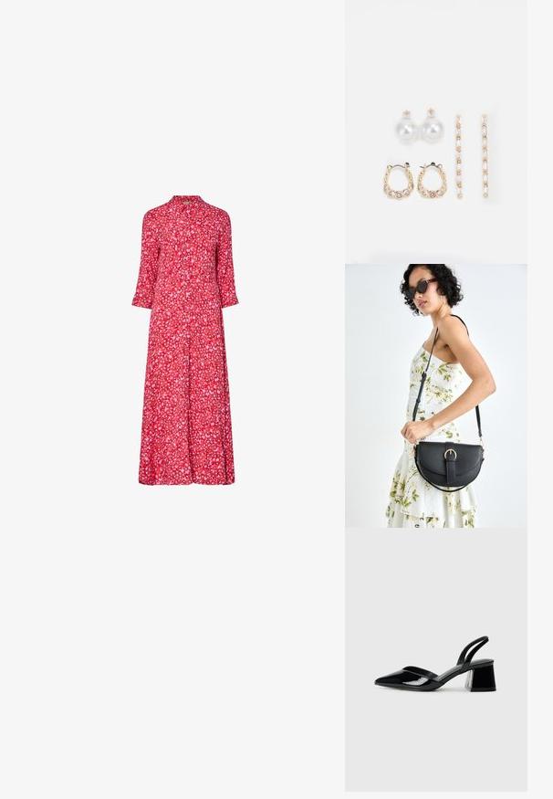 Červené květinové midi šaty s předním zapínáním na knoflíky, tříčtvrtečními rukávy a volným střihem. Obsahují malé vícebarevné květinové vzory.; Černé lakované kožené lodičky na pásku s špičatou špičkou a geometrickým blokovým podpatkem. Vyznačují se elegantním, minimalistickým designem a hladkým povrchem.; Černá kožená kabelka s křivkovým tvarem, odnímatelným popruhem a zlatými detaily. Kabelka má klopu s přezkou.; Tři páry náušnic: velké bílé perlové naušnice, zlaté kruhové naušnice s průhlednými drahokamy a dvě dlouhé, rovné zlaté naušnice s třpytivými detaily.