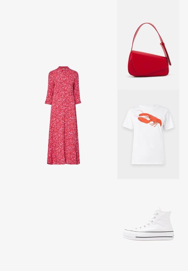 Piros virágmintás midi ruha gombos elülső résszel, háromnegyedes ujjal és laza fazonnal. Különböző színű kis virágminták díszítik.; Fehér pamut póló, amelyen elöl egy nagy, élénkpiros homár grafika látható. Rövid ujjú és standard környakú kialakítás.; Fehér magaskorsó vászon sportcipő fekete gumi talppal, elülső gumi orrnyereggel és hat fűzőlyukkal, letisztult, minimalista dizájnnal.; Piros bőr kézitáska szögletes, geometrikus kialakítással. Egy állítható pánttal és varrott részletekkel ellátott fedélzárral rendelkezik.