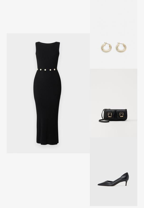 Robe noire côtelée à la coupe près du corps, sans manches, avec une ceinture à boutons dorés à la taille. Texture lisse et longueur chevilles.; Escarpin en cuir noir avec un bout pointu et un talon bas. Présente une texture lisse et un éclat subtil. Découpe ouverte à l'avant pour un détail supplémentaire.; Sac en cuir noir porté en travers avec deux poches avant, boucles dorées, fermeture zippée et une sangle fine. Surface texturée et forme rectangulaire compacte.; Lauren Ralph Lauren BASIC SMALL HOOP - Boucles d'oreilles - gold-coloured