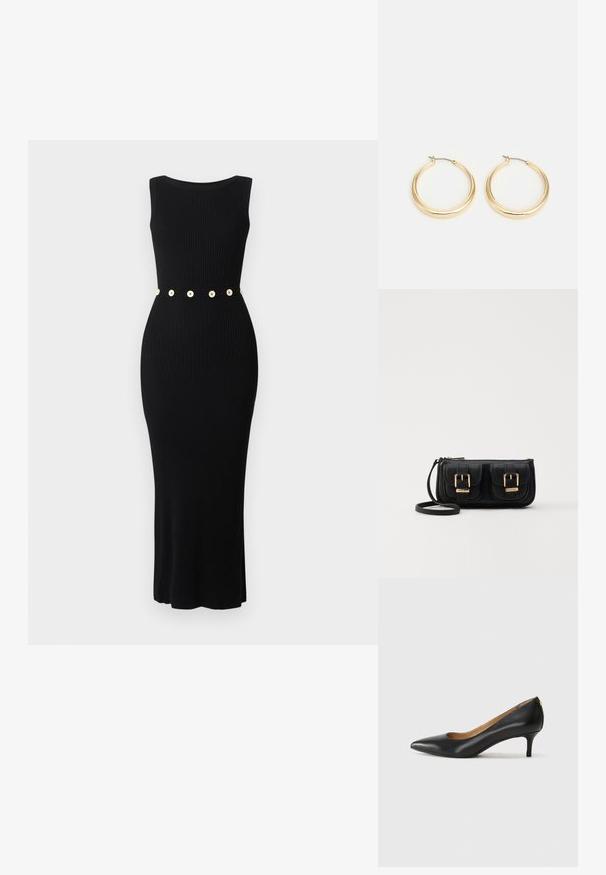 Fekete bordás ruha, testhez simuló fazonnal, ujjatlan kialakítással és aranygombos övvel a deréknál. Sima textúra és bokáig érő hossz.; Fekete bőrpumpa hegyes orral, alacsony sarokkal és sima felülettel. Elöl enyhe nyílással rendelkezik, hátul pedig minimális részletezéssel.; Fekete bőr keresztbody táska két elülső zsebbel, arany csattokkal, cipzáras záródással és vékony pánttal. Textúrált felület és kompakt téglalap alak.; Aranyszínű karika fülbevalók sima, kerek formával, vékony drótzárral és fényes felülettel, amely csillogó megjelenést kölcsönöz.