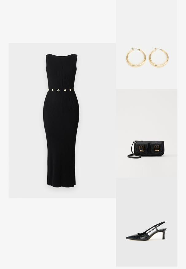 Juodas raukšlėtas suknelė, su prigludusia forma, be rankovių dizainu ir auksiniu sagčių diržu ties liemeniu. Lygi tekstūra ir iki kulkšnies ilgio.; Juodai lakuoti slingback aukštakulniai su smailiu nosiu, su tekstūruotu gyvatės raštu, reguliuojama juosta ir trumpu, tekstūruotu blokiniu kulnu.; Juodas odinis per petį nešiojamas krepšys su dviem priekiniais kišenėmis, auksiniais sagtimis, užtrauktuko uždarymu ir siauromis petnešomis. Textūruota paviršius ir kompaktiškas stačiakampis formatas.; Auksinės tonacijos auskarai-žiedai su lygiu, apvaliu dizainu, turintys ploną vielos uždarymą ir poliruotą apdailą, suteikiančią blizgantį išvaizdą.