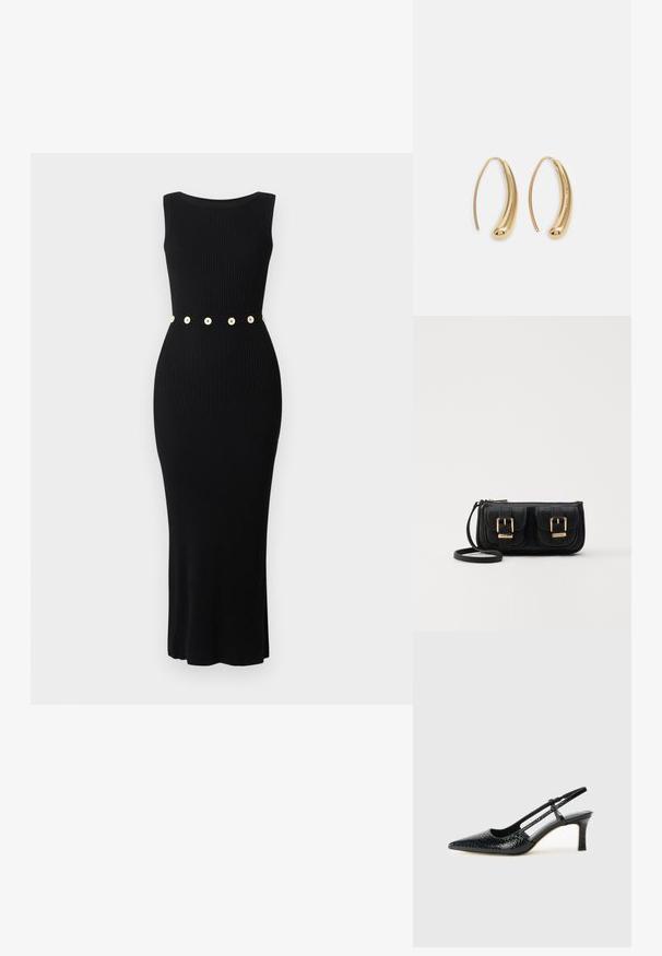 Zwarte geribbelde jurk met een aansluitende vorm, mouwloos ontwerp en een riem met gouden knopen op de taille. Glad textuur en enkellang.; Zwart patent slingback hak met een spitse neus, voorzien van een gestructureerde slangenprint, verstelbare band en een korte, gestructureerde blokhak.; Zwarte leren schoudertas met twee vo pockets, gouden gespen, ritsluiting en een smalle band. Tekstuur oppervlak en compacte rechthoekige vorm.; Gouden metalen oorbellen in de vorm van een gebogen, verlengde hoop. Kenmerkend zijn het gladde, glanzende oppervlak en de afgeronde punt voor extra detail.