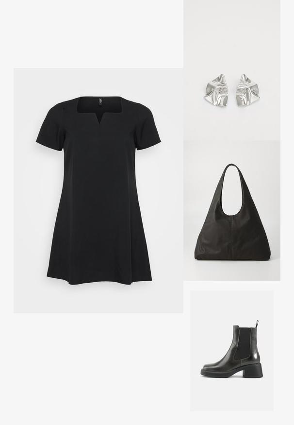 Černé šaty s krátkým rukávem, čtveratým výstřihem a siluetou do A. Vyrobeny z hladké tkaniny, která má mírný lesk a žádné viditelné vzory.; Černé kožené kotníkové boty s hladkým povrchem, elastickými bočními panely a masivním podpatkem. Obsahují poutko pro snadnější nazouvání.; Černá kožená taška přes rameno s zakřiveným držadlem, prodlouženým trojúhelníkovým tvarem a hladkým povrchem. Disponuje minimalistickým designem bez viditelného kování.; Stříbrné kovové náušnice s vlnitým, sochařským designem s leštěným povrchem a nepravidelnými tvary, které zdůrazňují moderní estetiku.