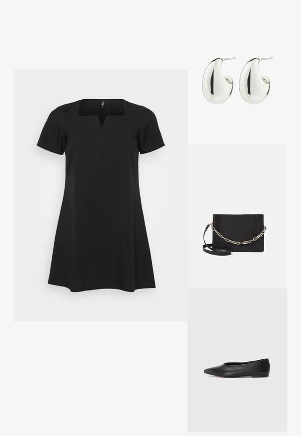 Czarna sukienka z krótkimi rękawami, kwadratowym dekoltem i sylwetką A-linii. Wykonana z gładkiego materiału, o delikatnym połysku i bez widocznych wzorów.; Czarne baleriny z lakierowanej skóry, spiczasty nosek, minimalistyczny design, gładka faktura, niskie obcasy, bez widocznych elementów metalowych czy ozdób.; Czarna skórzana torebka typu crossbody z gładką teksturą, prostokątnym kształtem oraz metalowym detalem w postaci łańcuszka z przodu. W zestawie regulowany pasek.; Srebrne metalowe kolczyki o gładkim, zaokrąglonym kształcie łzy i polerowanym wykończeniu, z zapięciem typu stud zapewniającym bezpieczne noszenie.