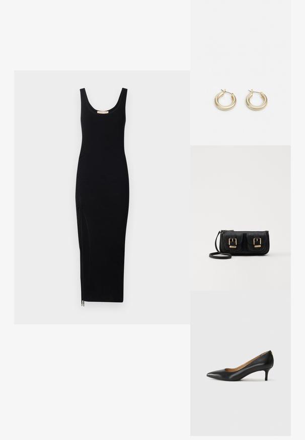 Fekete bordás ujjatlan ruhája kerek nyakkivágással és oldalsó cipzáras részlettel; testhez sima, térd hosszúságú, rugalmas anyagból készült.; Fekete bőrpumpa hegyes orral, alacsony sarokkal és sima felülettel. Elöl enyhe nyílással rendelkezik, hátul pedig minimális részletezéssel.; Fekete bőr keresztbody táska két elülső zsebbel, arany csattokkal, cipzáras záródással és vékony pánttal. Textúrált felület és kompakt téglalap alak.; Lauren Ralph Lauren BASIC SMALL HOOP - Fülbevalók - gold-coloured