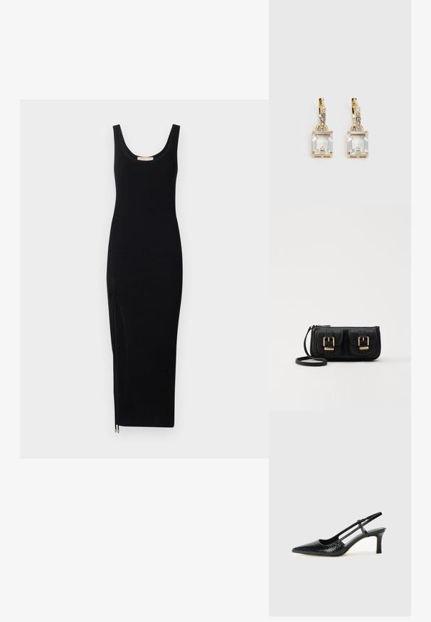 Juoda raukinėta suknelė be rankovių su apvalia iškirpte ir šoniniu užtrauktuku; prigludusi siluetas, iki kelių, pagaminta iš elastingos medžiagos.; Juodai lakuoti slingback aukštakulniai su smailiu nosiu, su tekstūruotu gyvatės raštu, reguliuojama juosta ir trumpu, tekstūruotu blokiniu kulnu.; Juodas odinis per petį nešiojamas krepšys su dviem priekiniais kišenėmis, auksiniais sagtimis, užtrauktuko uždarymu ir siauromis petnešomis. Textūruota paviršius ir kompaktiškas stačiakampis formatas.; Auksinės spalvos auskarai, kuriuose yra stačiakampis, skaidrus kristalas, kabantis po eile mažų, apvalių skaidrių akcentų. Šiuolaikiškas, modernus dizainas.