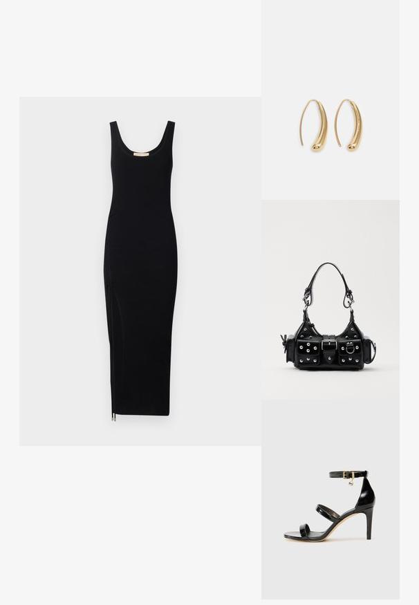 Čierne rebrované šaty na ramienka so zaobleným dekoltom a bočným zipsom; priliehavý strih, dĺžka po kolená, vyrobené z elastického materiálu.; Čierne lakované sandále s tromi pásikmi, spona na členku a 10 cm ihlovým podpätkom. Obsahujú zlaté detaily s hardwarem a logo prívesok.; Čierna kožená kabelka s zakriveným dizajnom, doplnená striebornými cvočkami, prackou a dvoma bočnými vreckami. Nastaviteľný popruh poskytuje rôzne možnosti nosenia.; Náušnice vo forme zlatých kovových kruhov s zakriveným, predĺženým tvarom. Majú hladký, lesklý povrch a zaoblený koniec pre pridanie detailu.